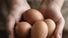 Two hands holding a bundle of brown eggs
