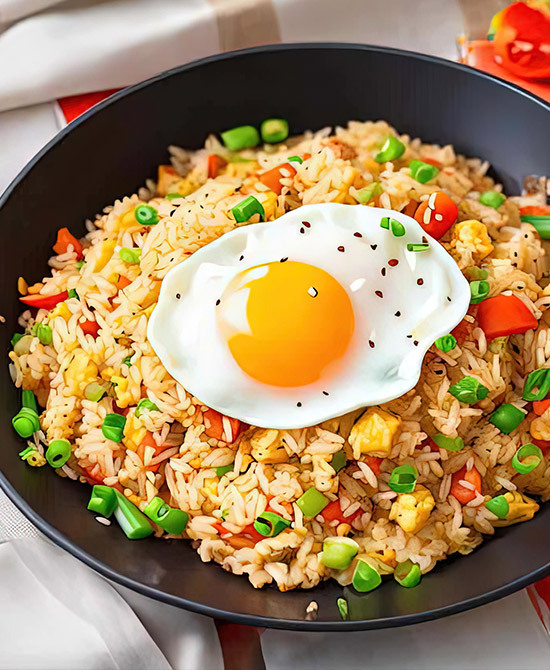 Fried rice in a black bowl with a fried egg on top