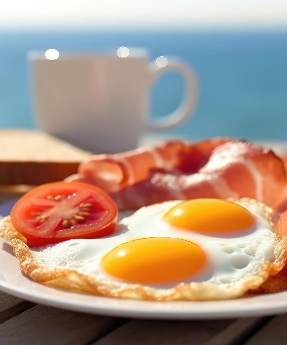 English breakfast with fried eggs with ocean in background
