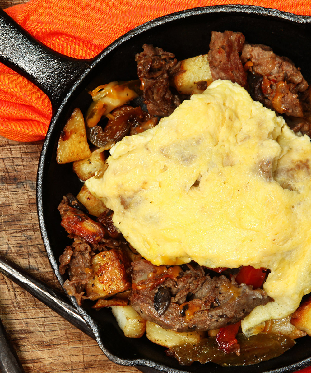 Farmer's skillet with steak and scrambled eggs