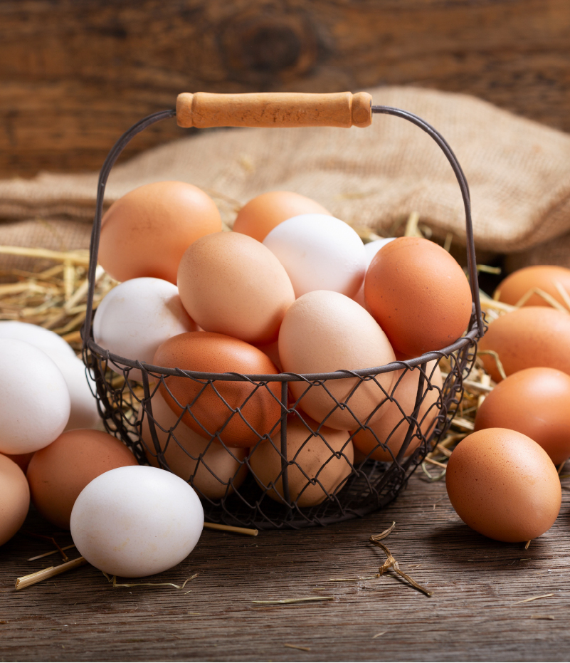 Wire basket filled with white and brown eggs
