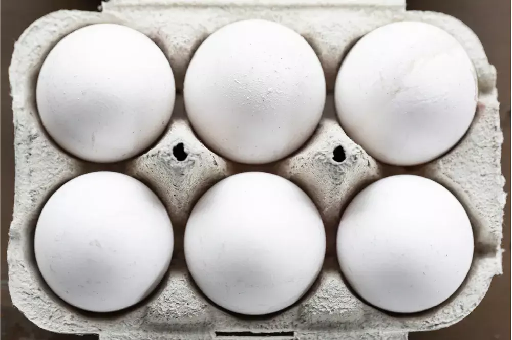 Six-egg carton filled with white eggs