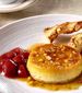 Blue cheese flan with candied strawberries